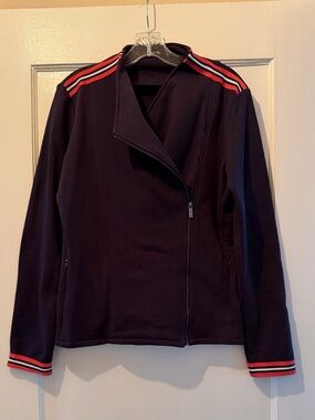 Women's Navy Cotton Biker Jacket with Red Stripe Accents